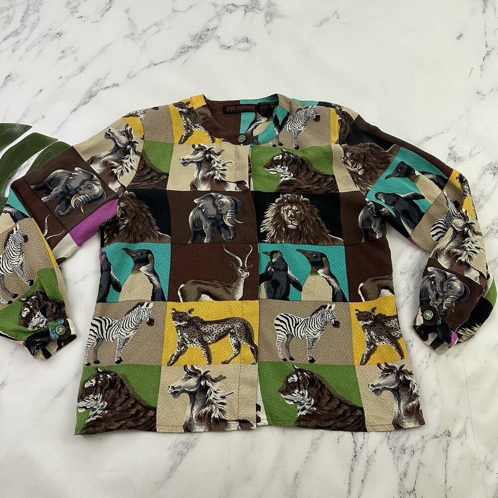 Jerri Sherman Womens Vintage 90s Animal Print Silk Blouse Top Size 8 Brown Blue